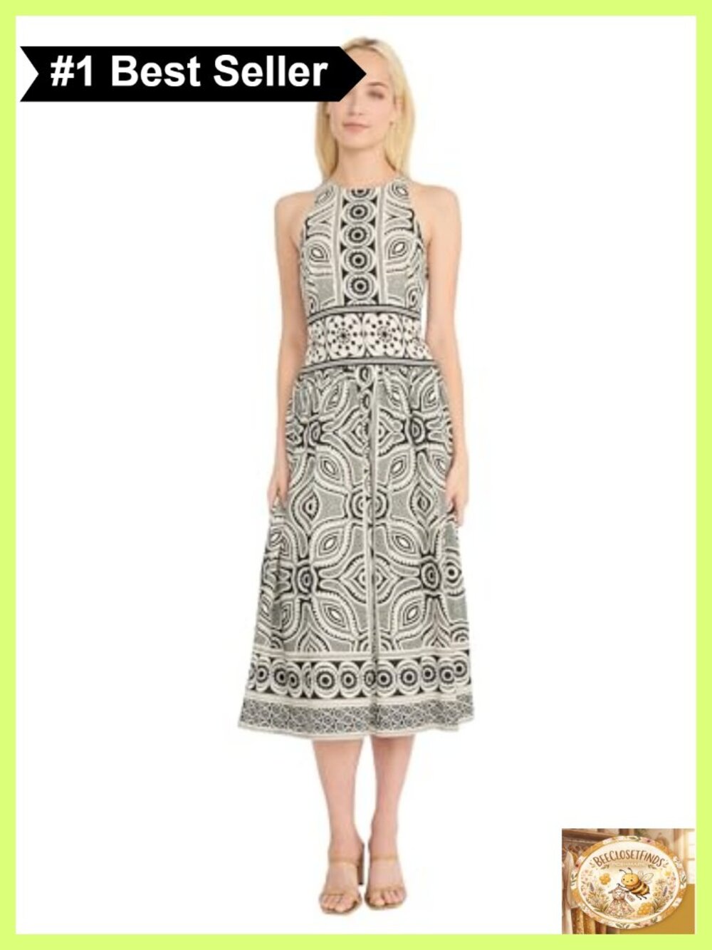 A-Line Midi Dress High Neck Sleeveless Linen Rayon Formal
